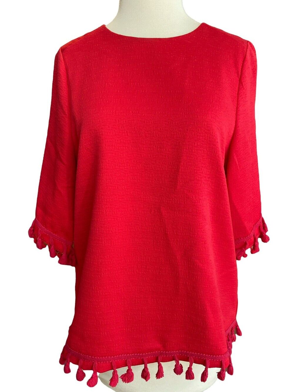 Small Blaque Label Red Tassel Trim Pull Over Blouse